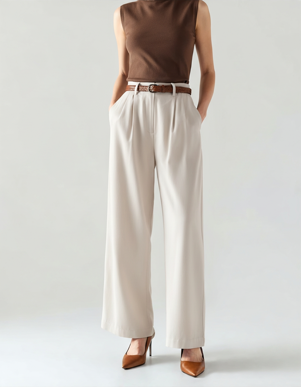 Women's Belted Wide-Leg Trousers With Front Pleats - White