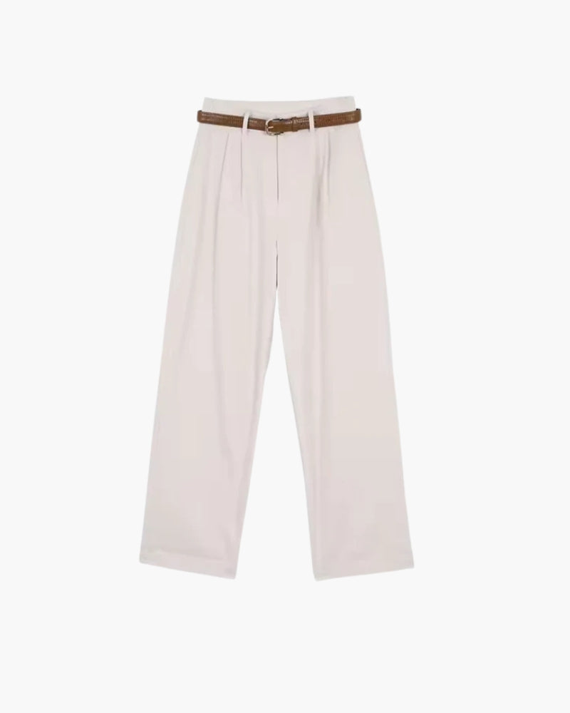 Women's Belted Wide-Leg Trousers With Front Pleats - White
