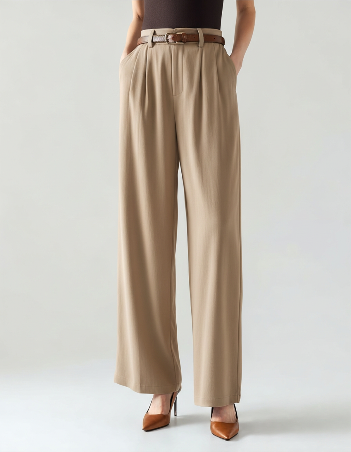 Women's Belted Wide-Leg Trousers With Front Pleats - Khaki