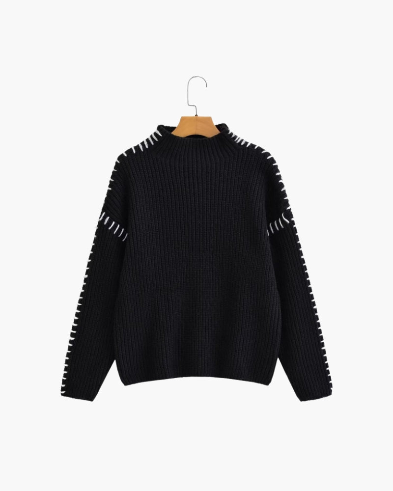 Women's Black Sweater With Contrast Stitch Details - Black