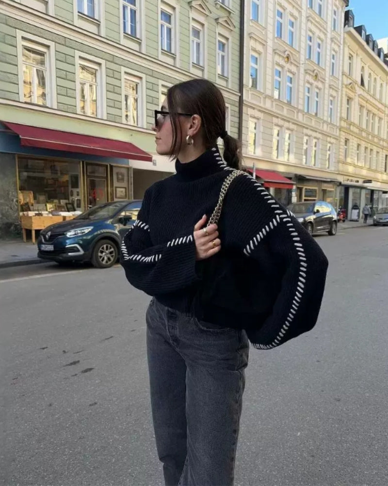 Women's Black Sweater With Contrast Stitch Details - Black