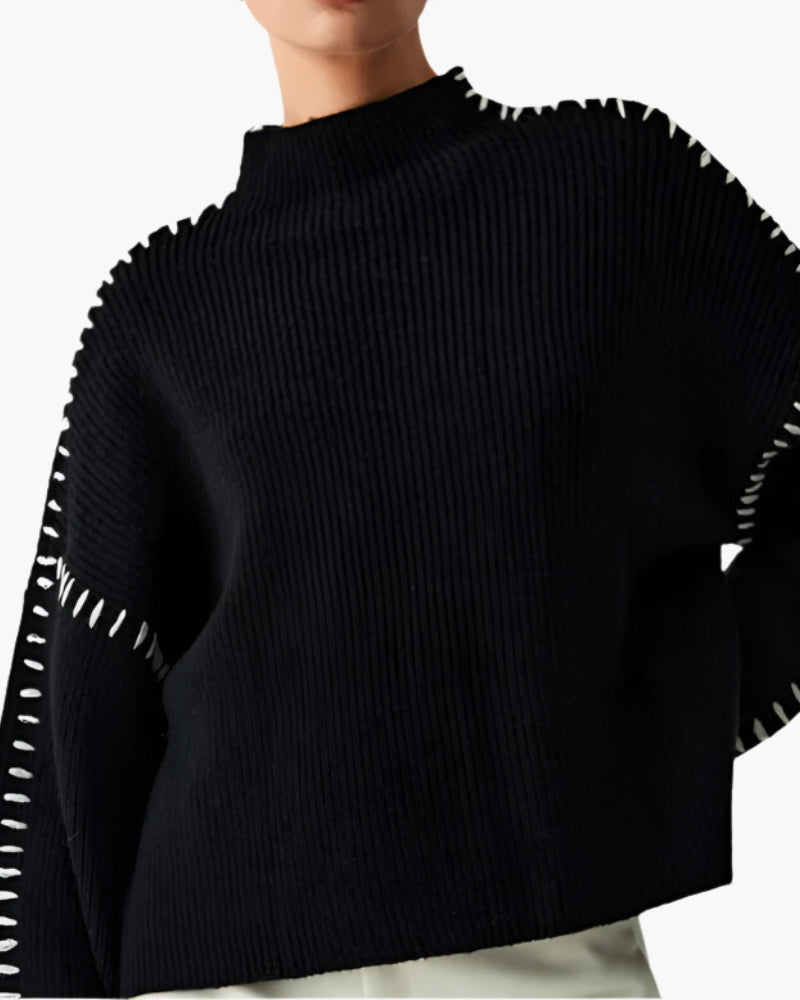 Women's Black Sweater With Contrast Stitch Details - Black