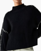 Women's Black Sweater With Contrast Stitch Details - Black