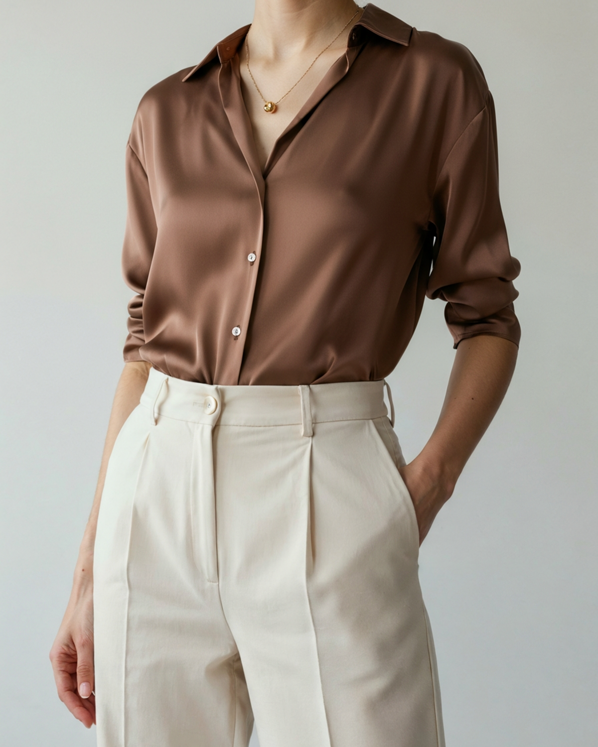 Women's Button Blouse With a Curved Shirttail Hem - Sandy Brown