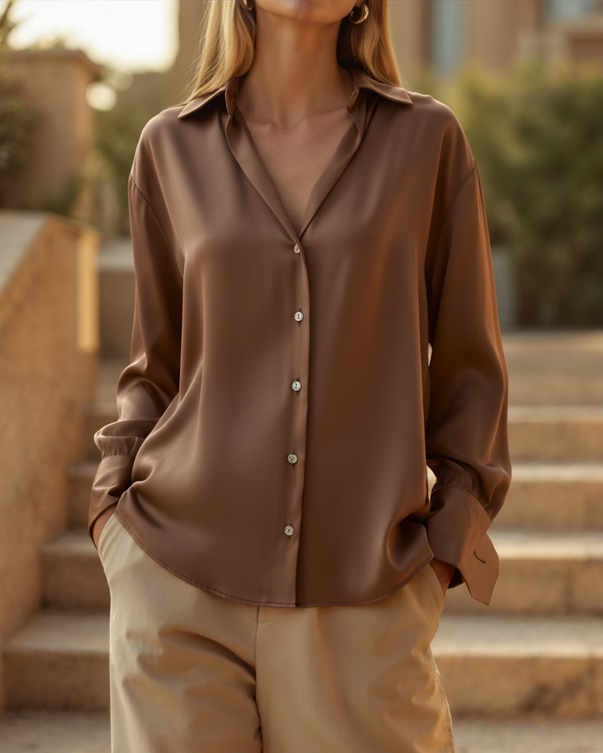 Women's Button Blouse With a Curved Shirttail Hem - Sandy Brown