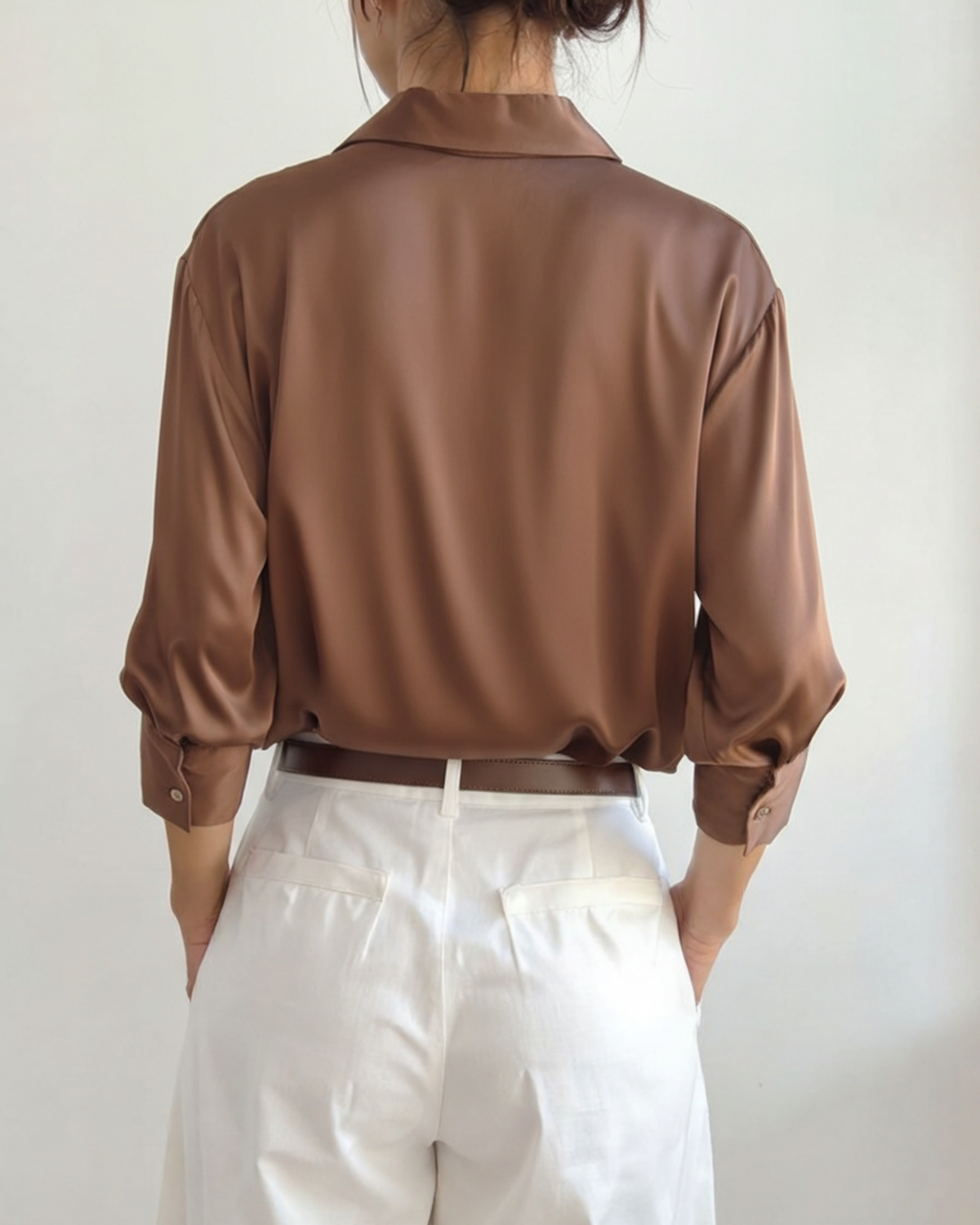 Women's Button Blouse With a Curved Shirttail Hem - Sandy Brown