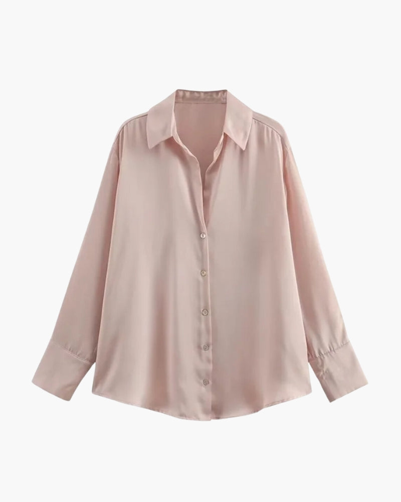 Women's Button Blouse With a Curved Shirttail Hem - Spring Pink