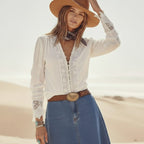 Women's Button-Front Blouse With Lace Sleeve Panels - White