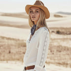 Women's Button-Front Blouse With Lace Sleeve Panels - White