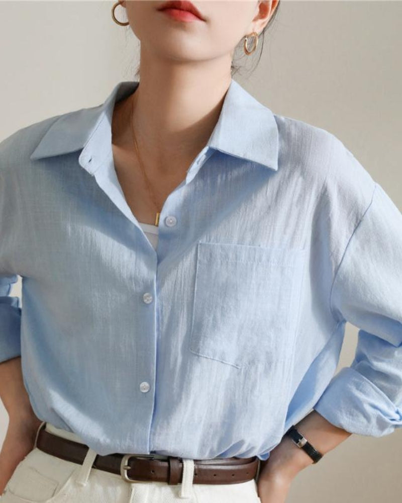Women's Button Shirt With a Curved Hem and Collar - Blue