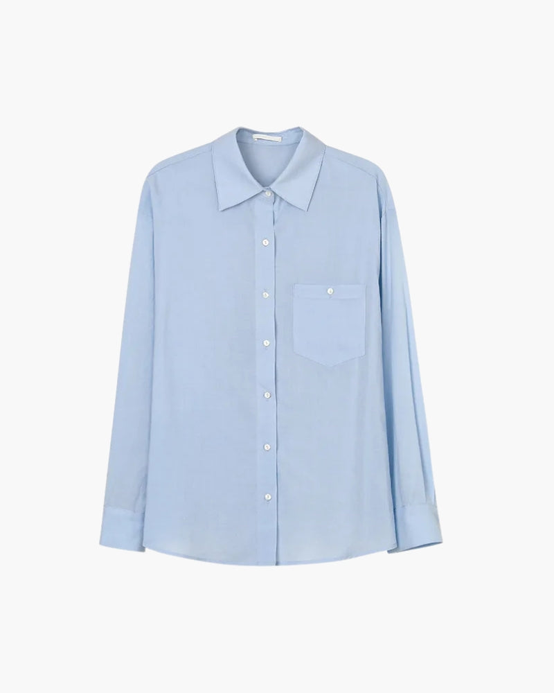 Women's Button Shirt With a Curved Hem and Collar - Blue