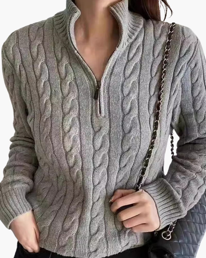 Women's Cable Half-Zip Sweater With a Raised Collar - Gray