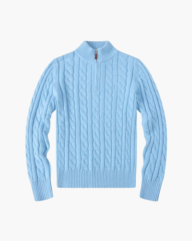 Women's Cable Half-Zip Sweater With a Raised Collar - Baby Blue