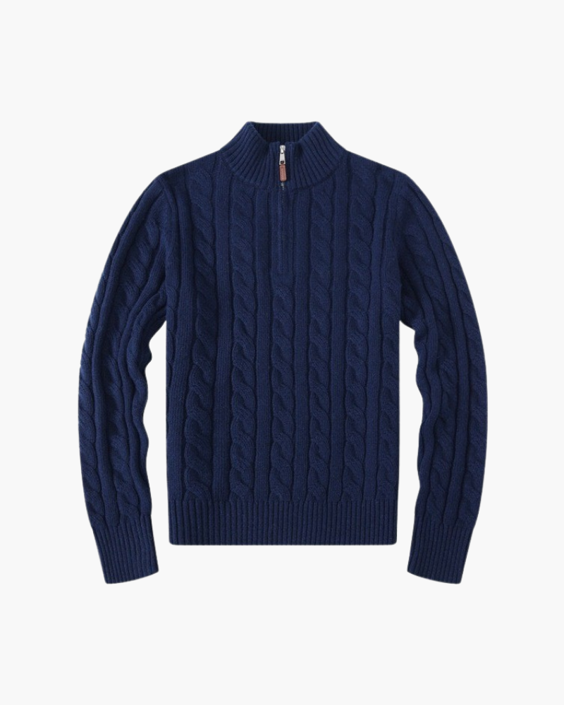 Women's Cable Half-Zip Sweater With a Raised Collar - Marine