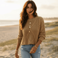 Women's Cable Knit Pullover Sweater With Round Neck - Camel