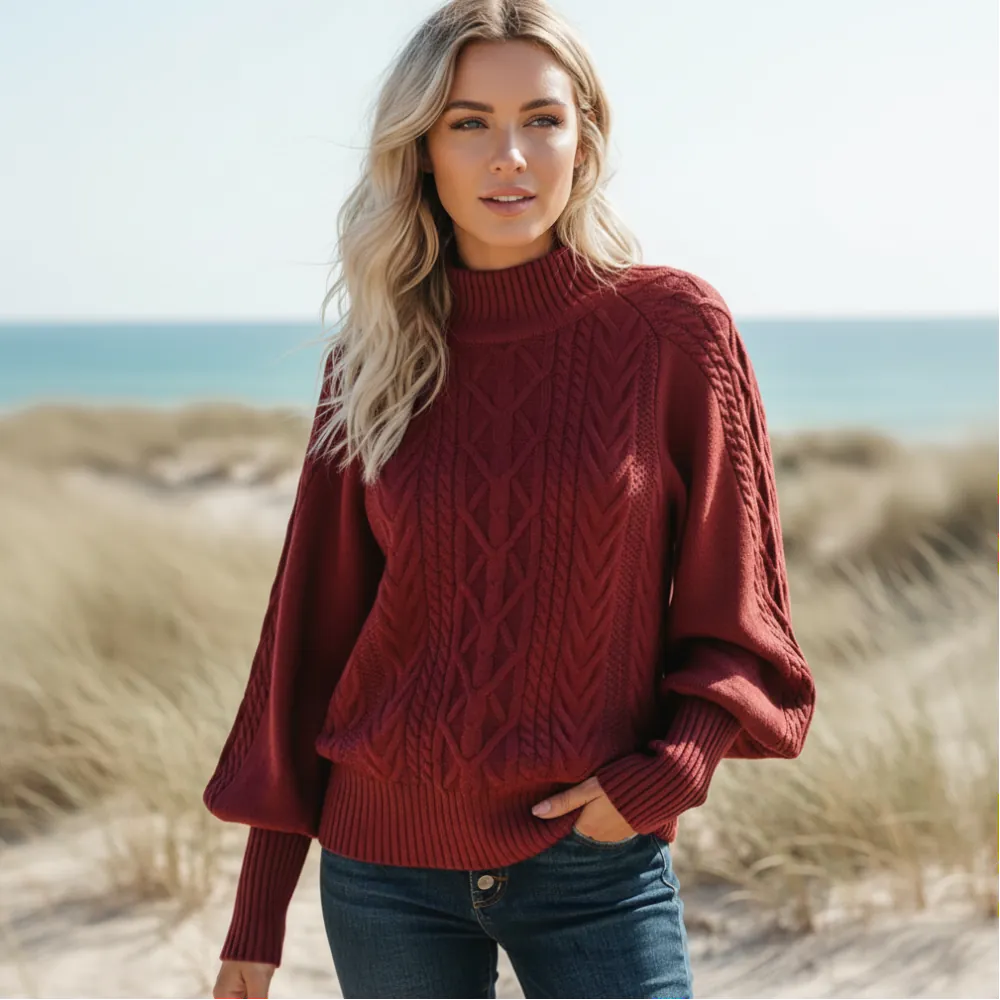 Women's Cable-Knit Sweater With a Raised Diamond Pattern - Burgundy