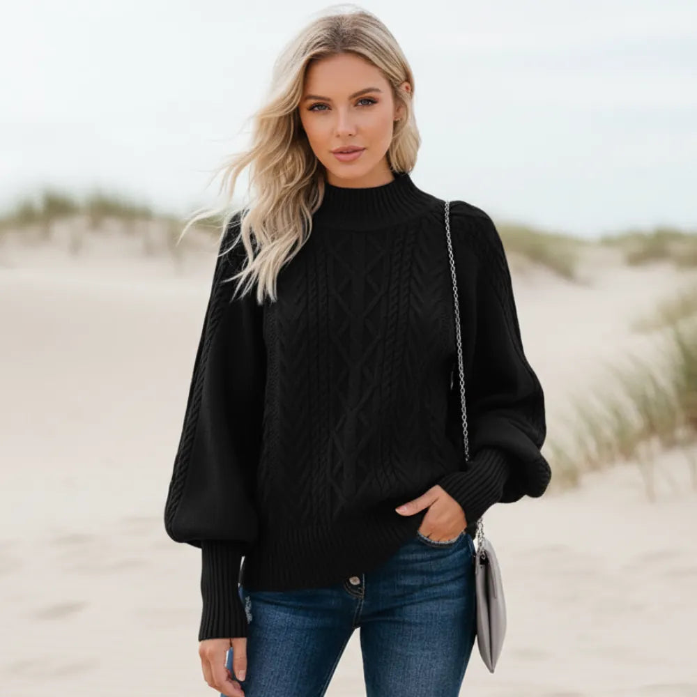 Women's Cable-Knit Sweater With a Raised Diamond Pattern - Black