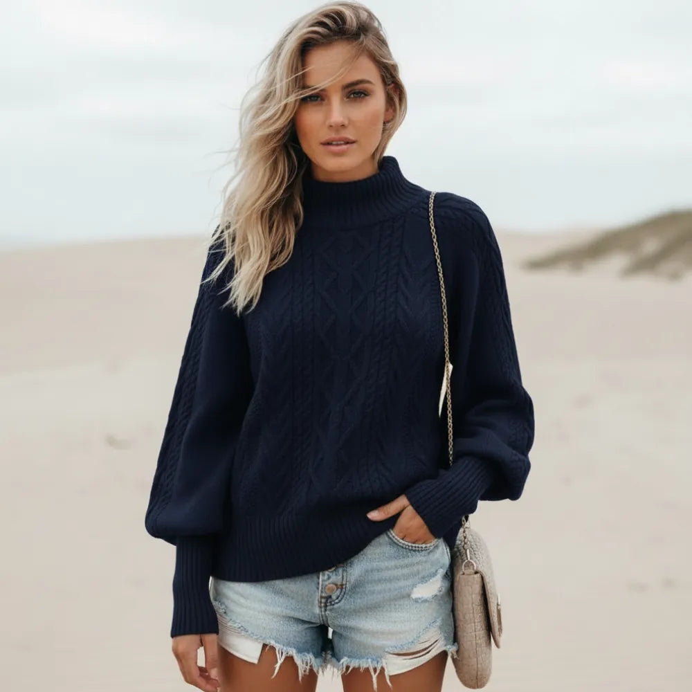 Women's Cable-Knit Sweater With a Raised Diamond Pattern - Navy Blue
