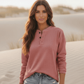 Women's Casual Henley Top With Long Sleeves and Buttons - Dusty Rose