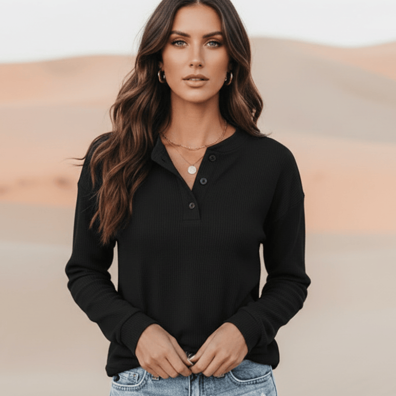 Women's Casual Henley Top With Long Sleeves and Buttons - Black