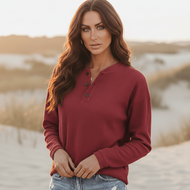 Women's Casual Henley Top With Long Sleeves and Buttons - Burgundy