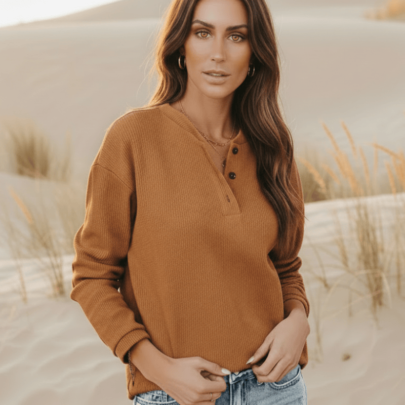 Women's Casual Henley Top With Long Sleeves and Buttons - Rust