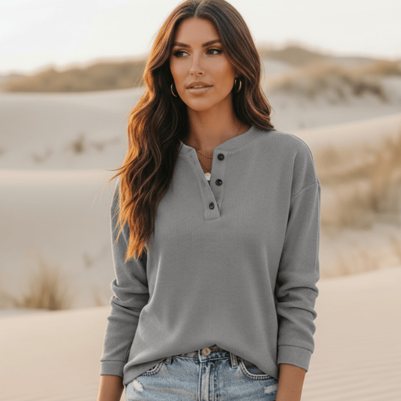 Women's Casual Henley Top With Long Sleeves and Buttons - Gray