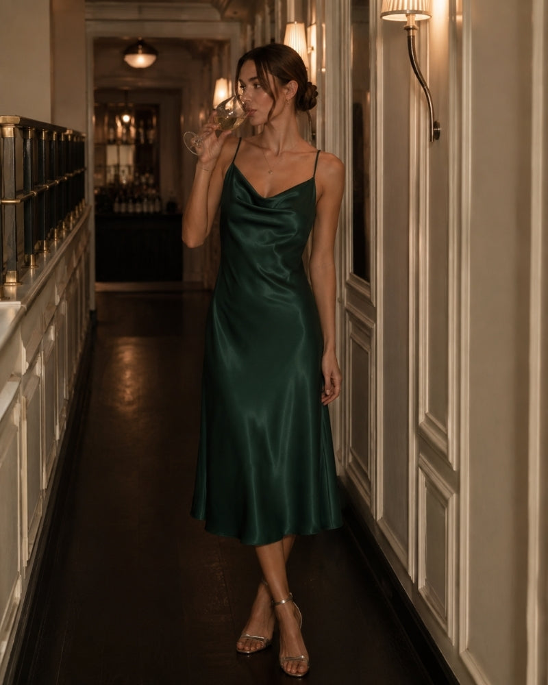 Women's Cowl-Neck Slip Dress With a Lace-Up Back - Green