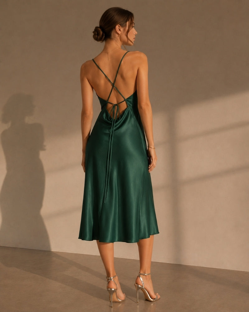 Women's Cowl-Neck Slip Dress With a Lace-Up Back - Green
