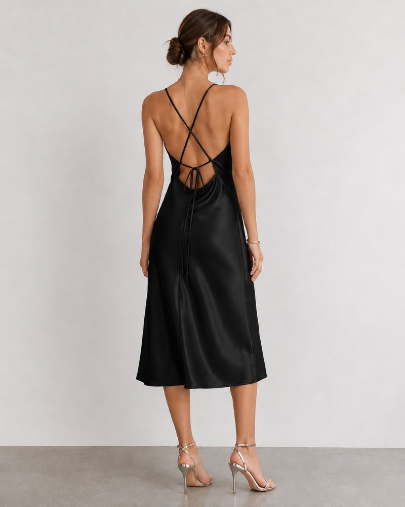 Women's Cowl-Neck Slip Dress With a Lace-Up Back - Black