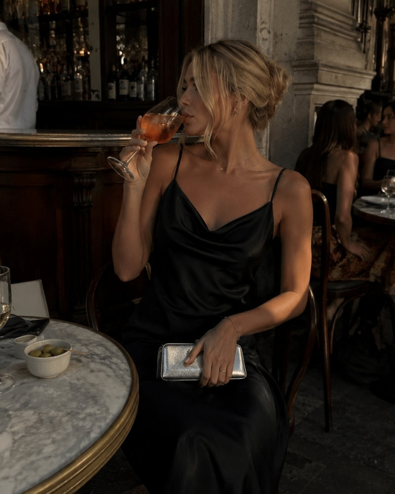 Women's Cowl-Neck Slip Dress With a Lace-Up Back - Black
