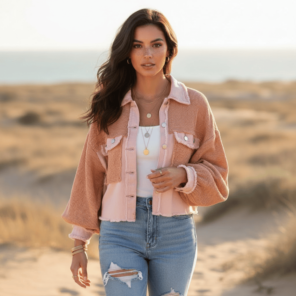 Women's Cropped Collared Jacket With Patchwork Panels - Dusty Rose