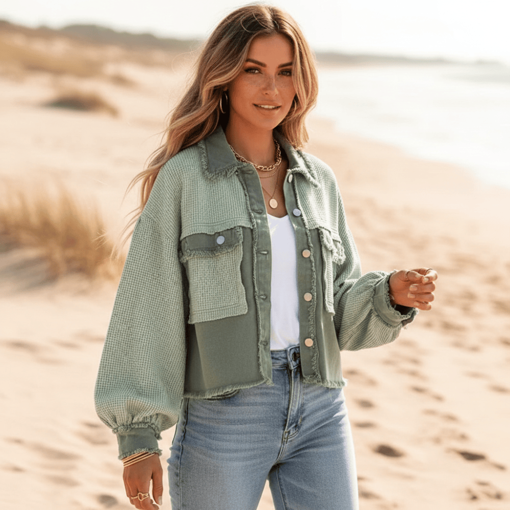 Women's Cropped Collared Jacket With Patchwork Panels - Sage Green