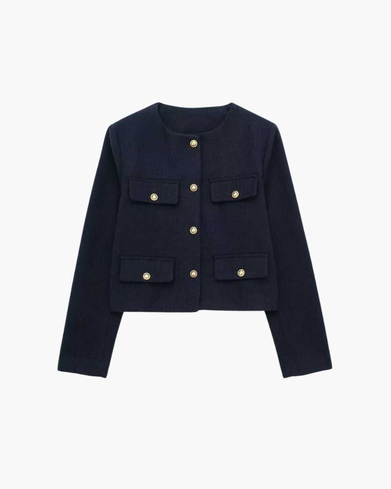 Women's Cropped Collarless Jacket With Four Pockets - Navy