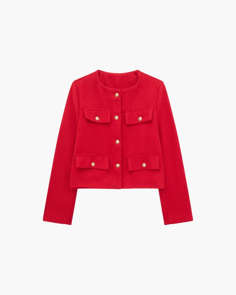 Women's Cropped Collarless Jacket With Four Pockets - Red