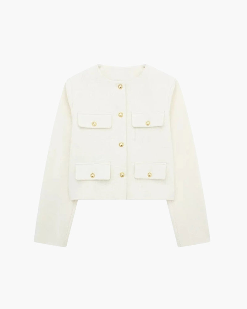 Women's Cropped Collarless Jacket With Four Pockets - White