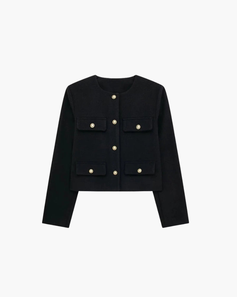 Women's Cropped Collarless Jacket With Four Pockets - Black