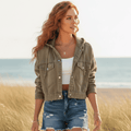 Women's Cropped Hooded Jacket With Buttoned Pockets - Army Green