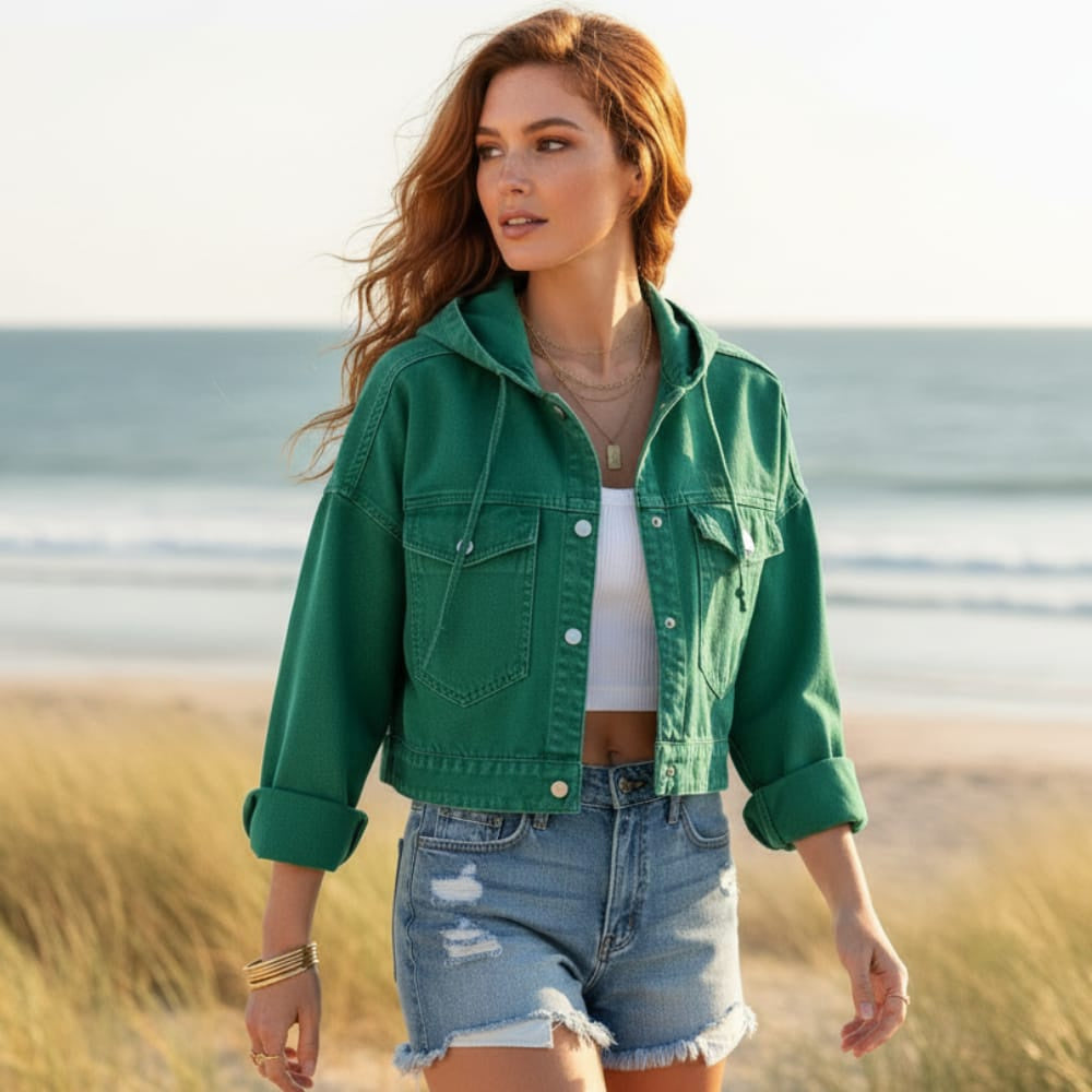 Women's Cropped Hooded Jacket With Buttoned Pockets - Green