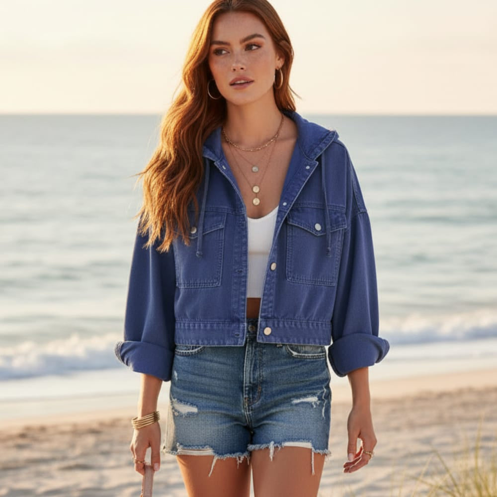 Women's Cropped Hooded Jacket With Buttoned Pockets - Dark Blue