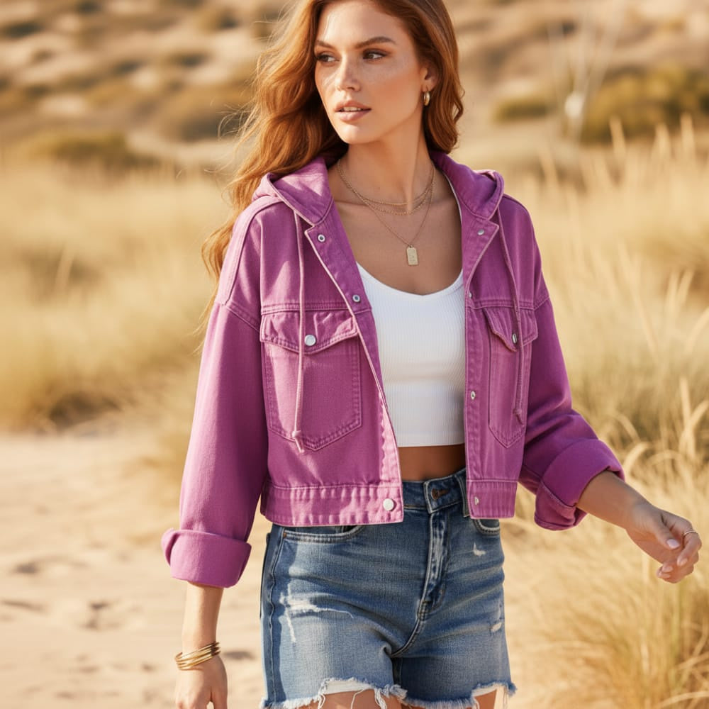 Women's Cropped Hooded Jacket With Buttoned Pockets - Dark Pink