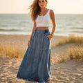 Women's Denim Maxi Skirt With Elasticated Waistband - Light Blue
