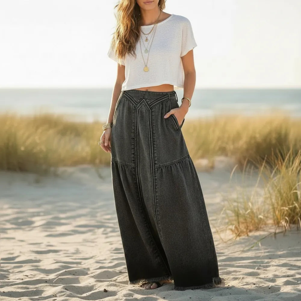 Women's Denim Maxi Skirt With Elasticated Waistband - Black