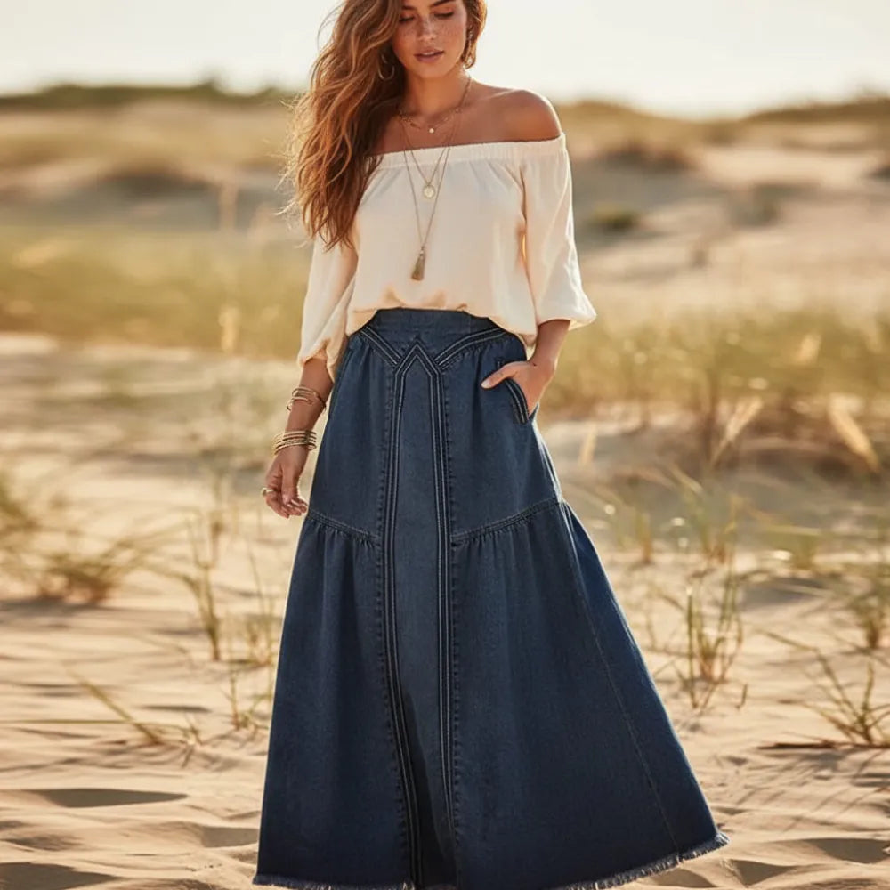 Women's Denim Maxi Skirt With Elasticated Waistband - Dark Blue
