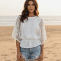 Women's Embroidered Lace Blouse With Ruffled Hem - White