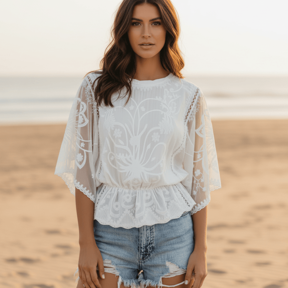 Women's Embroidered Lace Blouse With Ruffled Hem - White