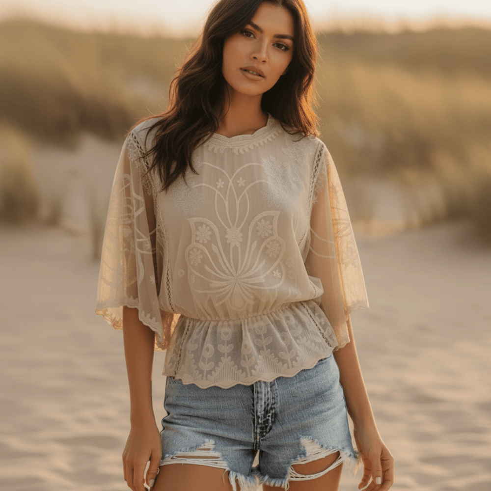 Women's Embroidered Lace Blouse With Ruffled Hem - Khaki