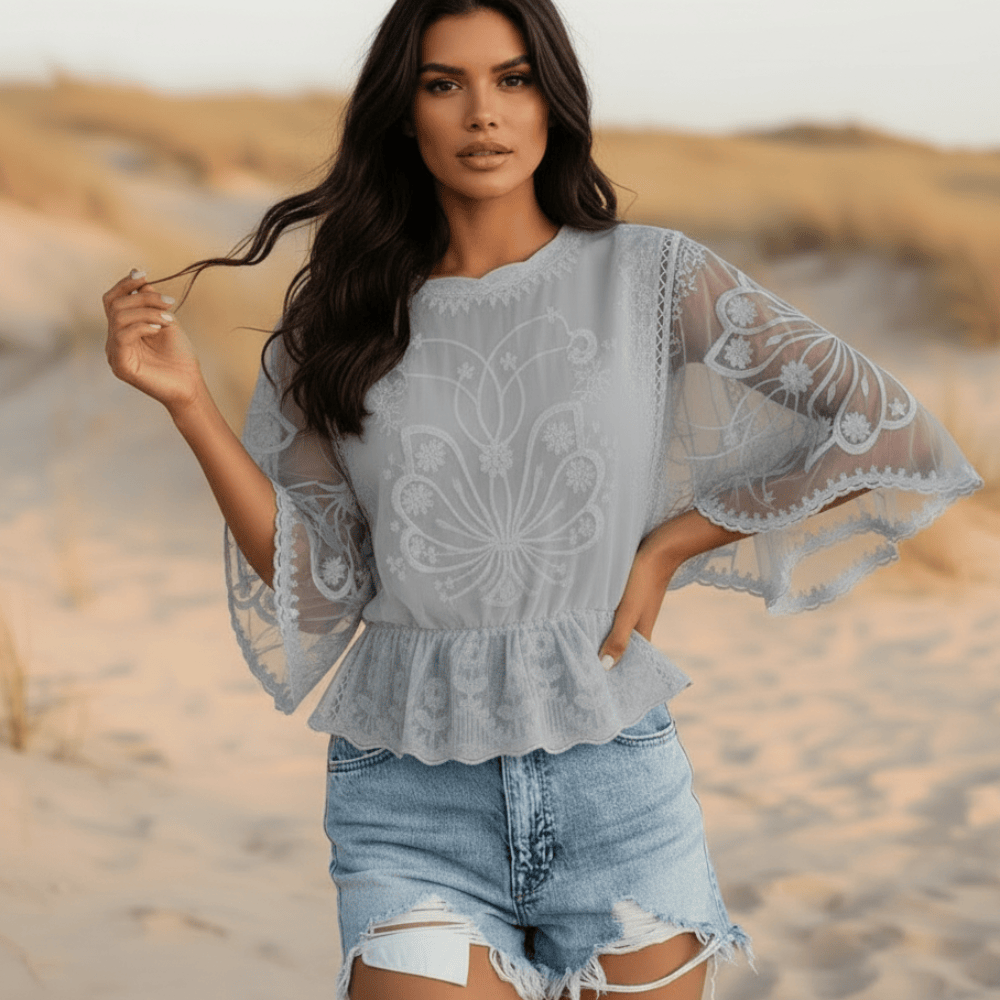Women's Embroidered Lace Blouse With Ruffled Hem - Gray