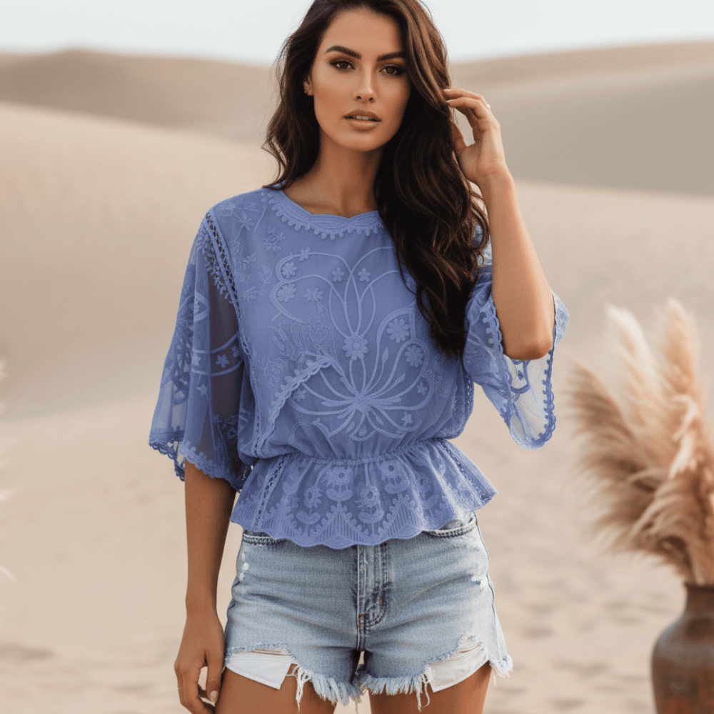 Women's Embroidered Lace Blouse With Ruffled Hem - Periwinkle Blue