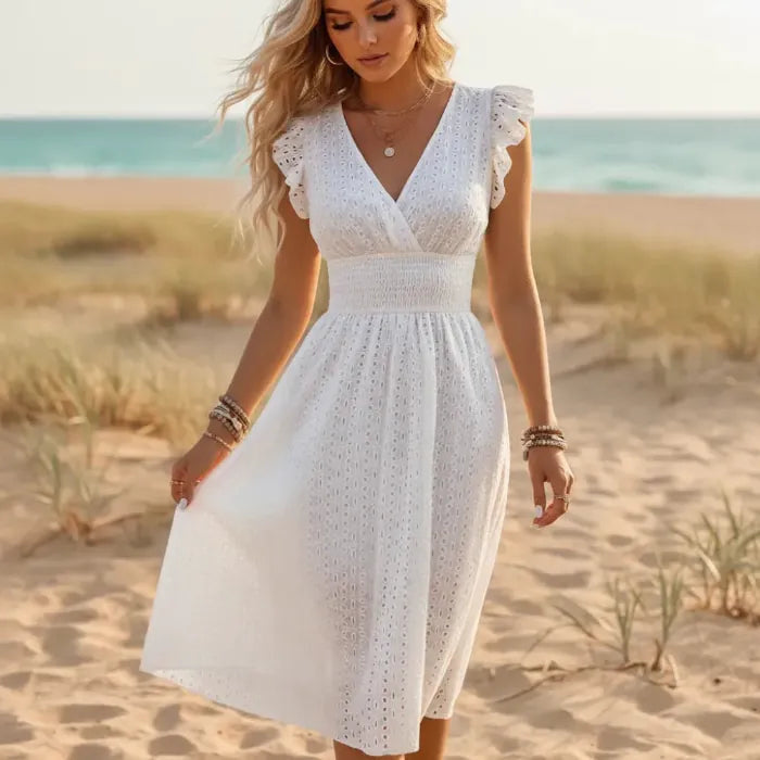 Women's Eyelet Midi Dress With Flutter Sleeves - White